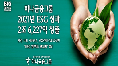 하나금융그룹 2021년 ESG성과 2조 6,227억 창출. 환경, 사회, 거버넌스, 간접경제 성과 측정한 'ESG 임팩트 보고서' 발간 홍보 이미지